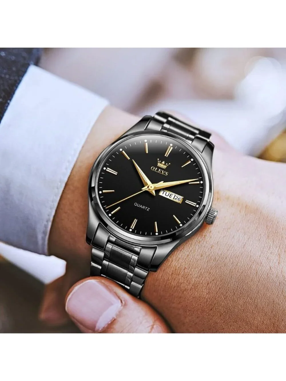 Men's All Black Stainless Steel Analog Quartz Classic Waterproof Round Watch
